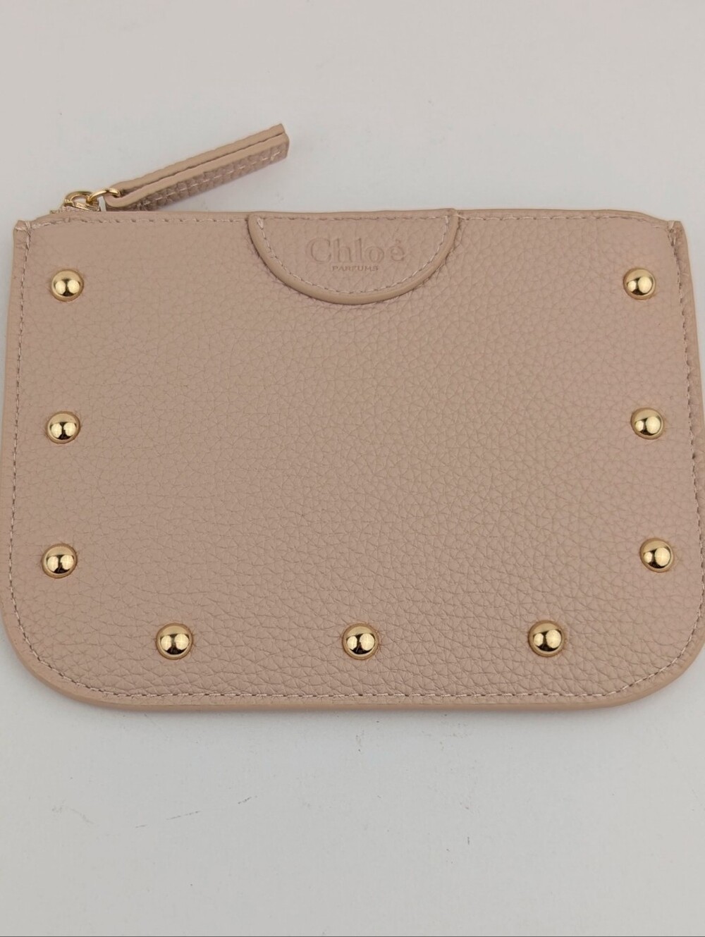Chloe Parfums Blush Beige Brass Studded Pebbled Vegan Leather Zip Pouch With Box